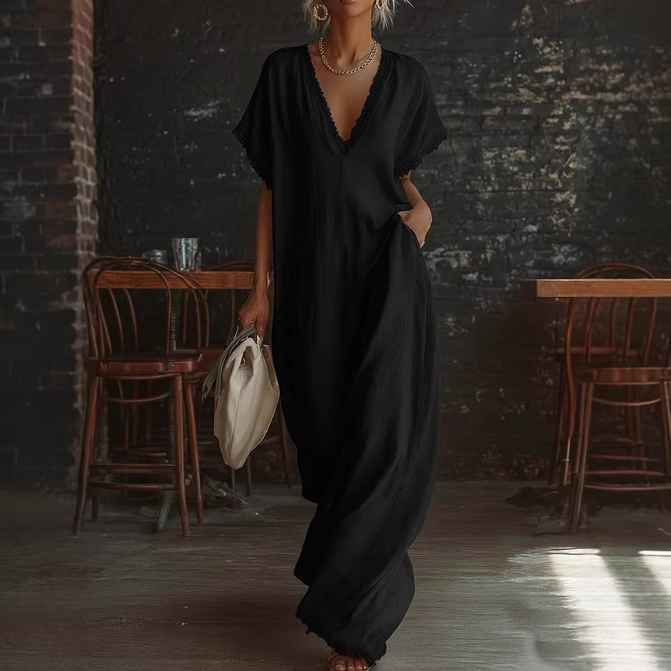 Casual Elegant Comfortable Lace-trimmed Loose Linen Cott Long Dress