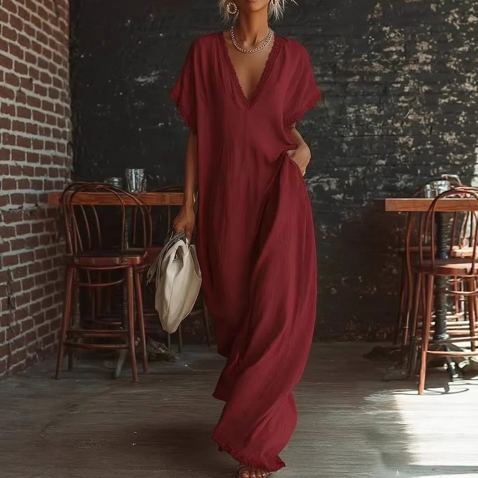 Casual Elegant Comfortable Lace-trimmed Loose Linen Cott Long Dress
