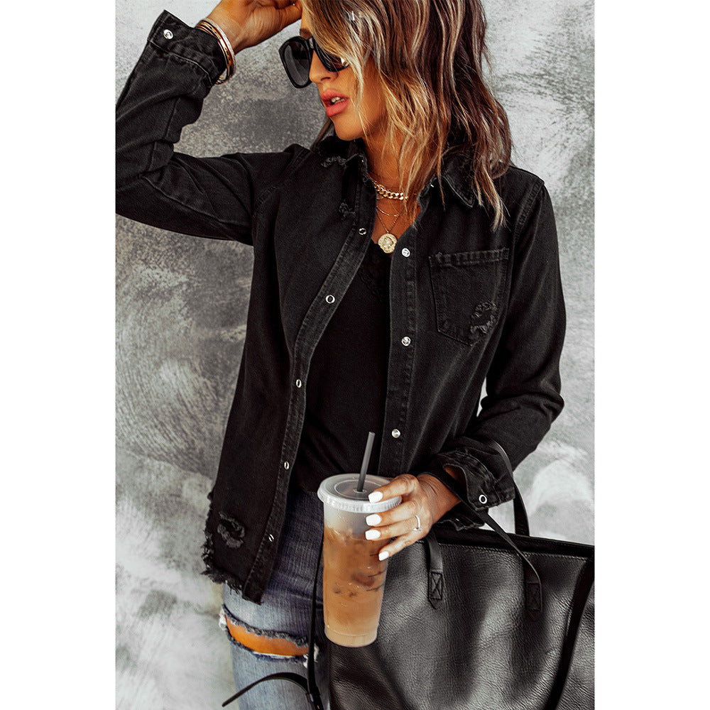 Black Ripped Shirt Denim Long Sleeve Coat Jacket