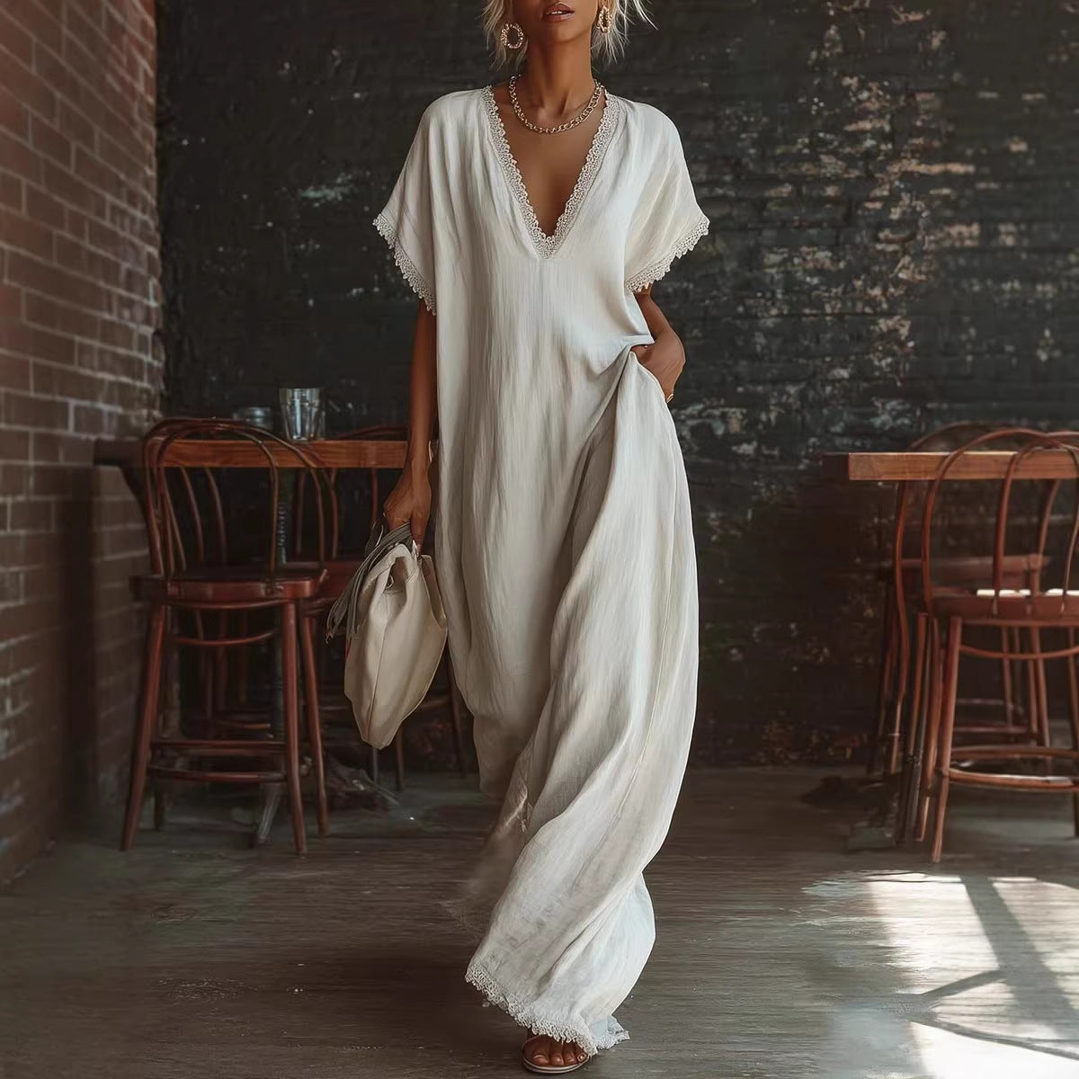 Casual Elegant Comfortable Lace-trimmed Loose Linen Cott Long Dress