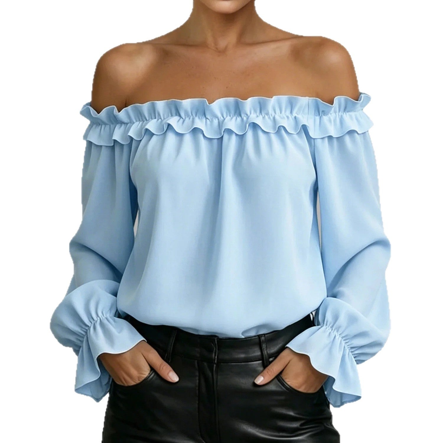 Ruffled off-the-shoulder long-sleeved shirt for women