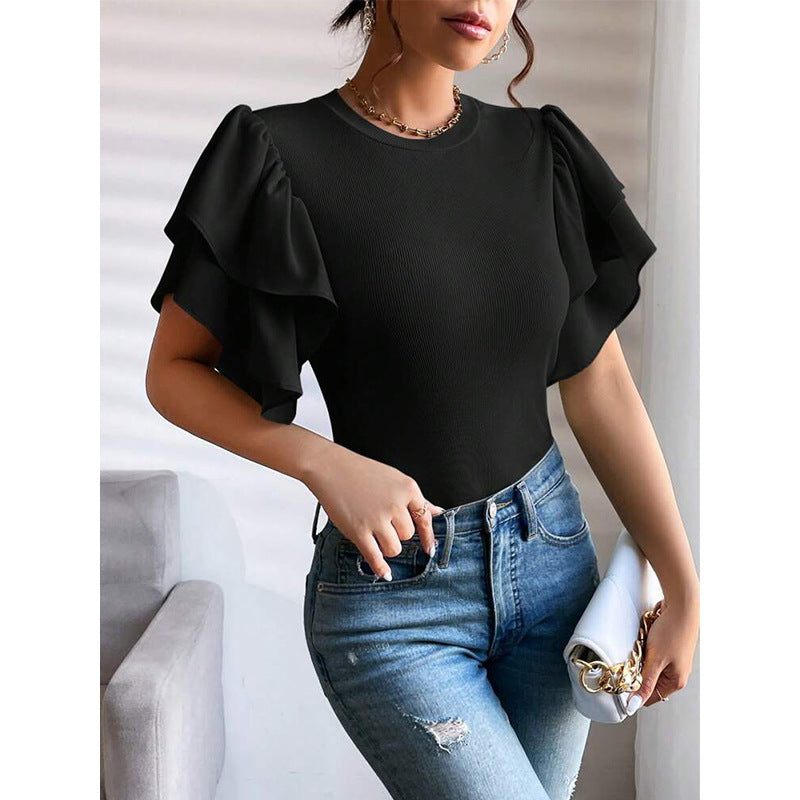 Women's Crew-Neck Top With Ruffle Sleeves