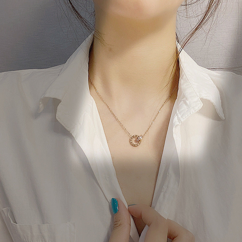 Stainless Steel Double-Ring Diamond-Encrusted Necklace For Women