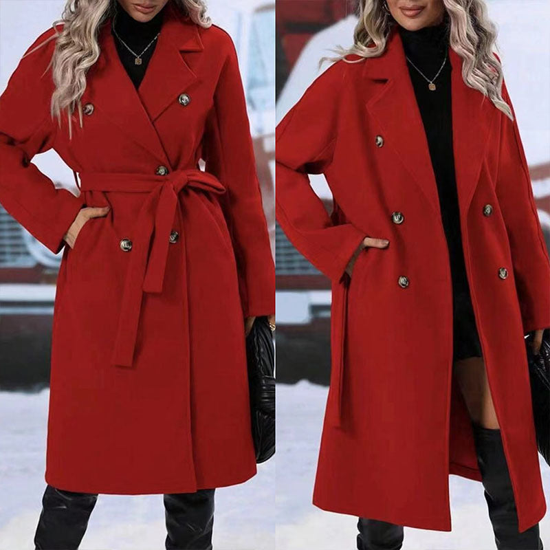 Lapel double-breasted trench coat with belt