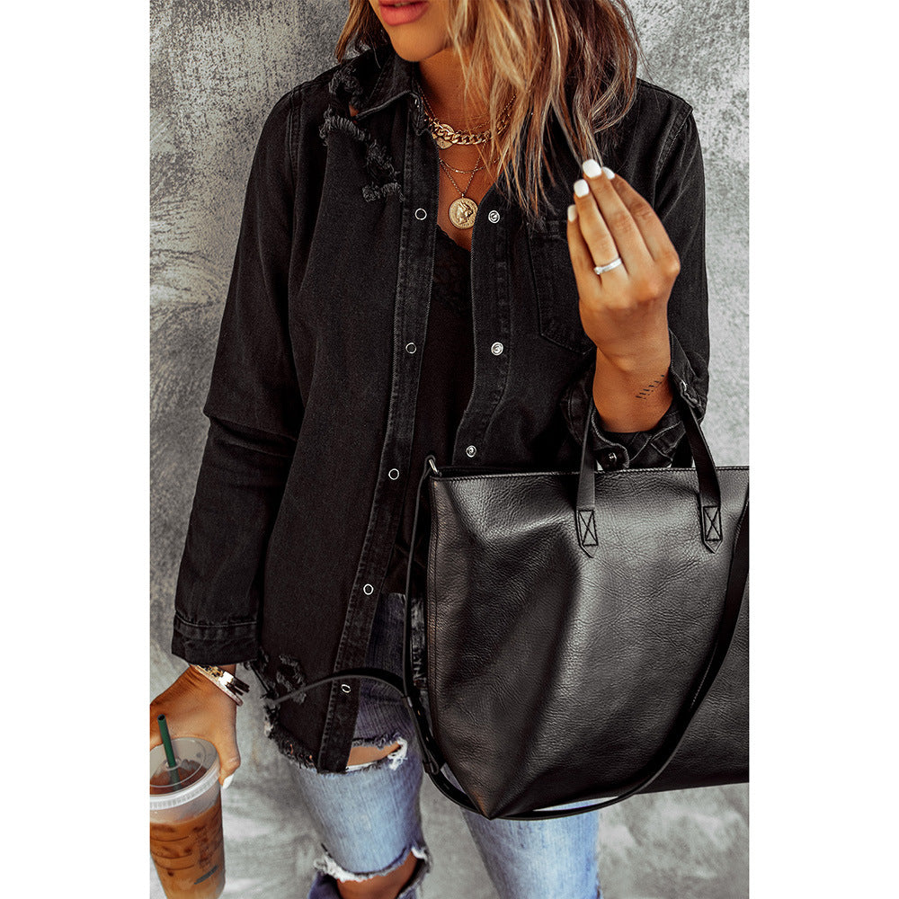 Black Ripped Shirt Denim Long Sleeve Coat Jacket