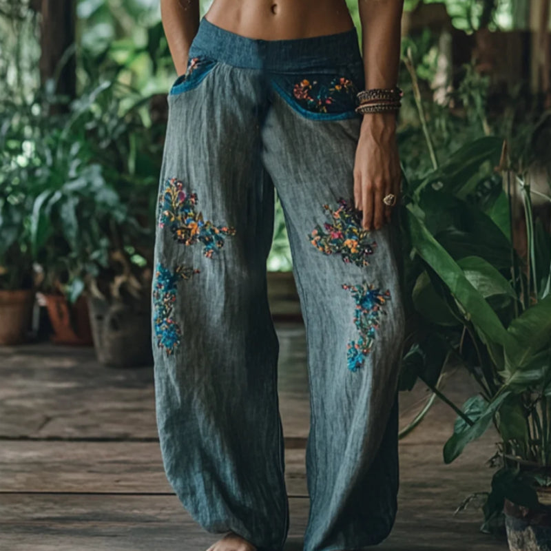 Floral Art Printed Cotton Linen Wide Leg Pants