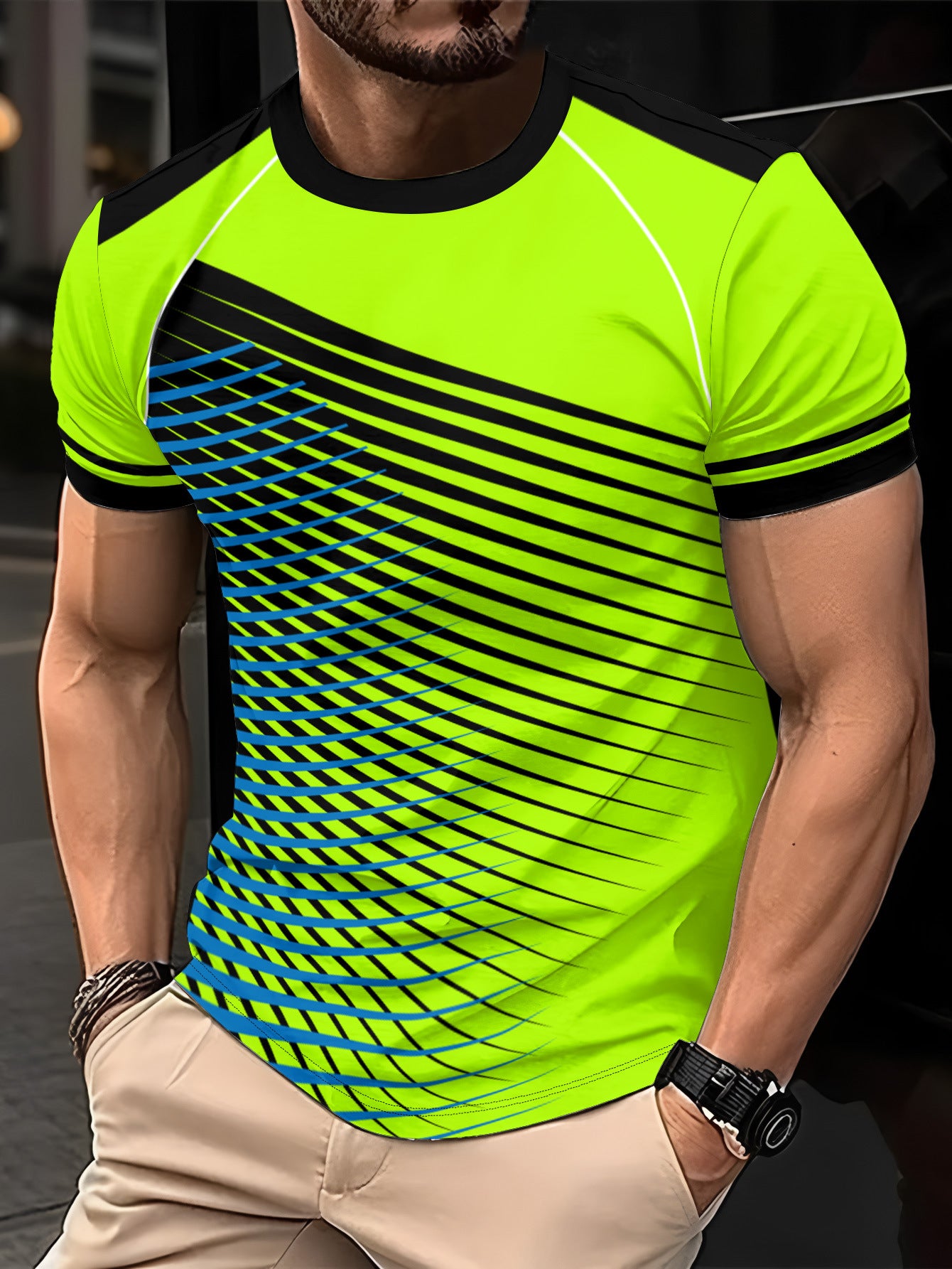 Men's Striped Color-Block Crewneck Short-Sleeve T-Shirt