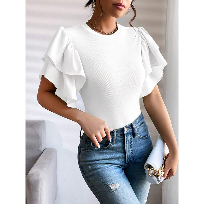 Women's Crew-Neck Top With Ruffle Sleeves