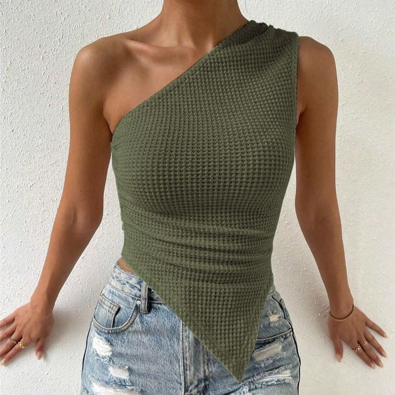 Knitted Sleeveless Top With One-Shoulder Design