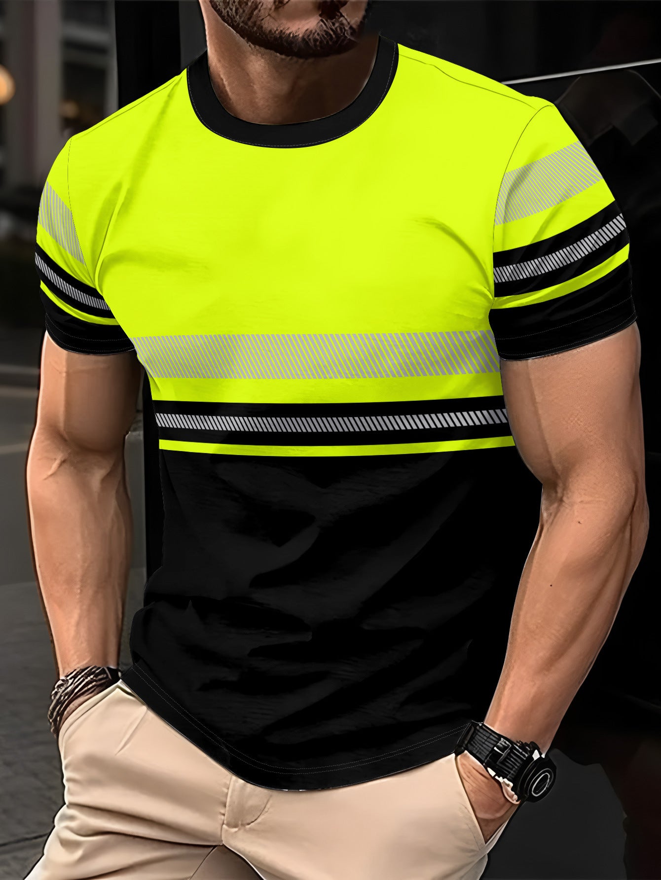 Men's Striped Color-Block Crewneck Short-Sleeve T-Shirt