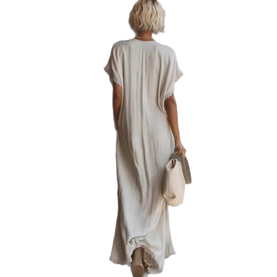 Casual Elegant Comfortable Lace-trimmed Loose Linen Cott Long Dress