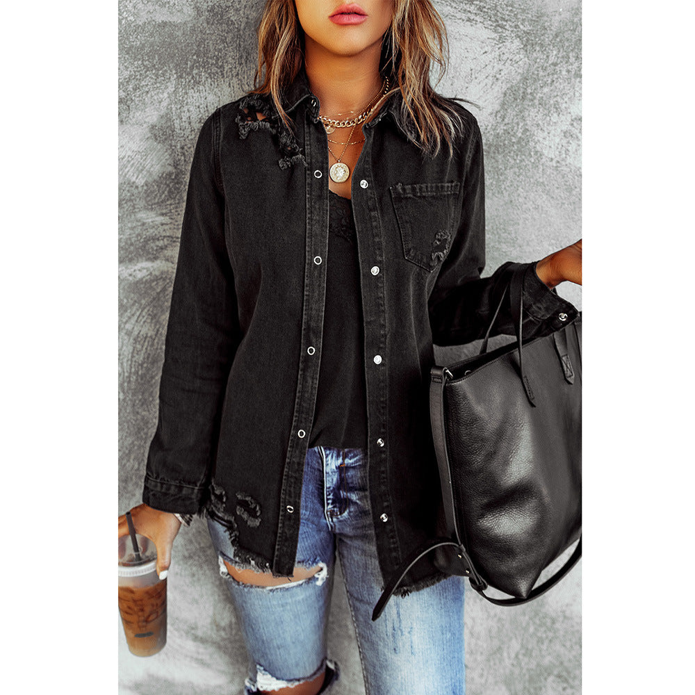 Black Ripped Shirt Denim Long Sleeve Coat Jacket