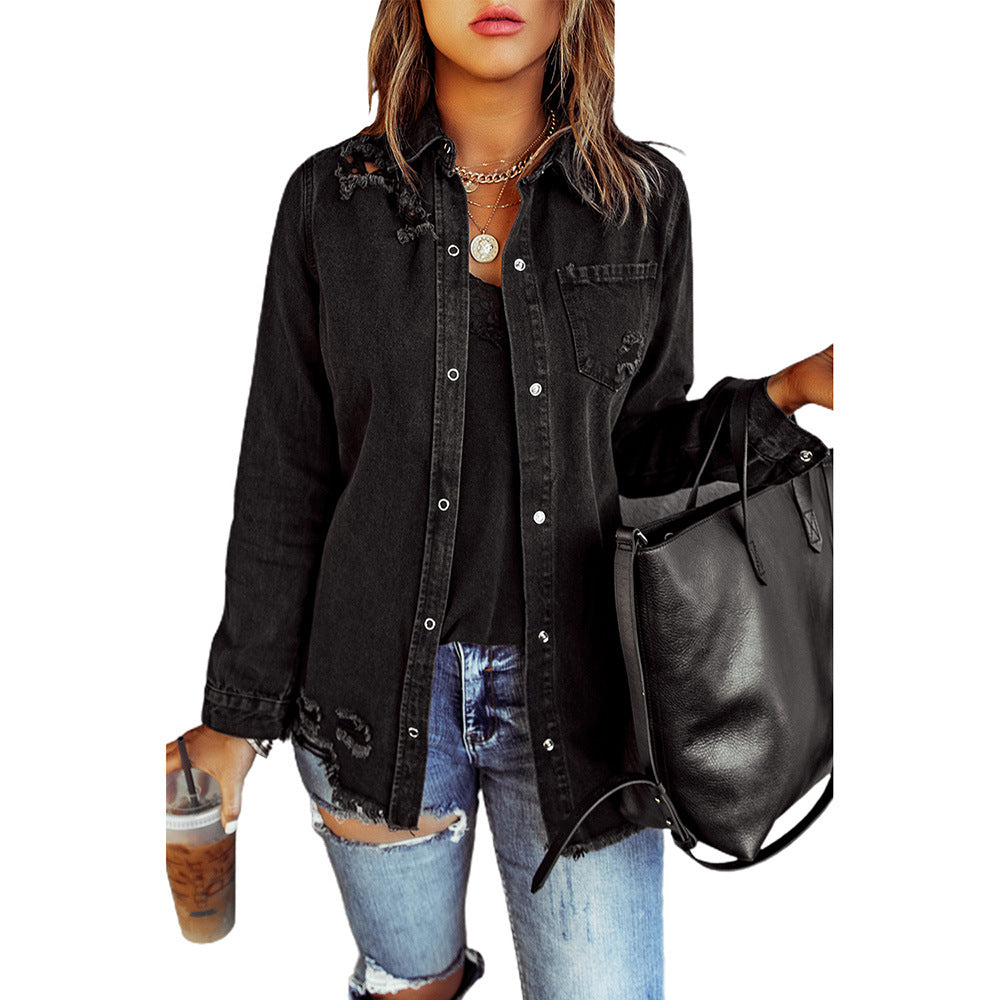 Black Ripped Shirt Denim Long Sleeve Coat Jacket