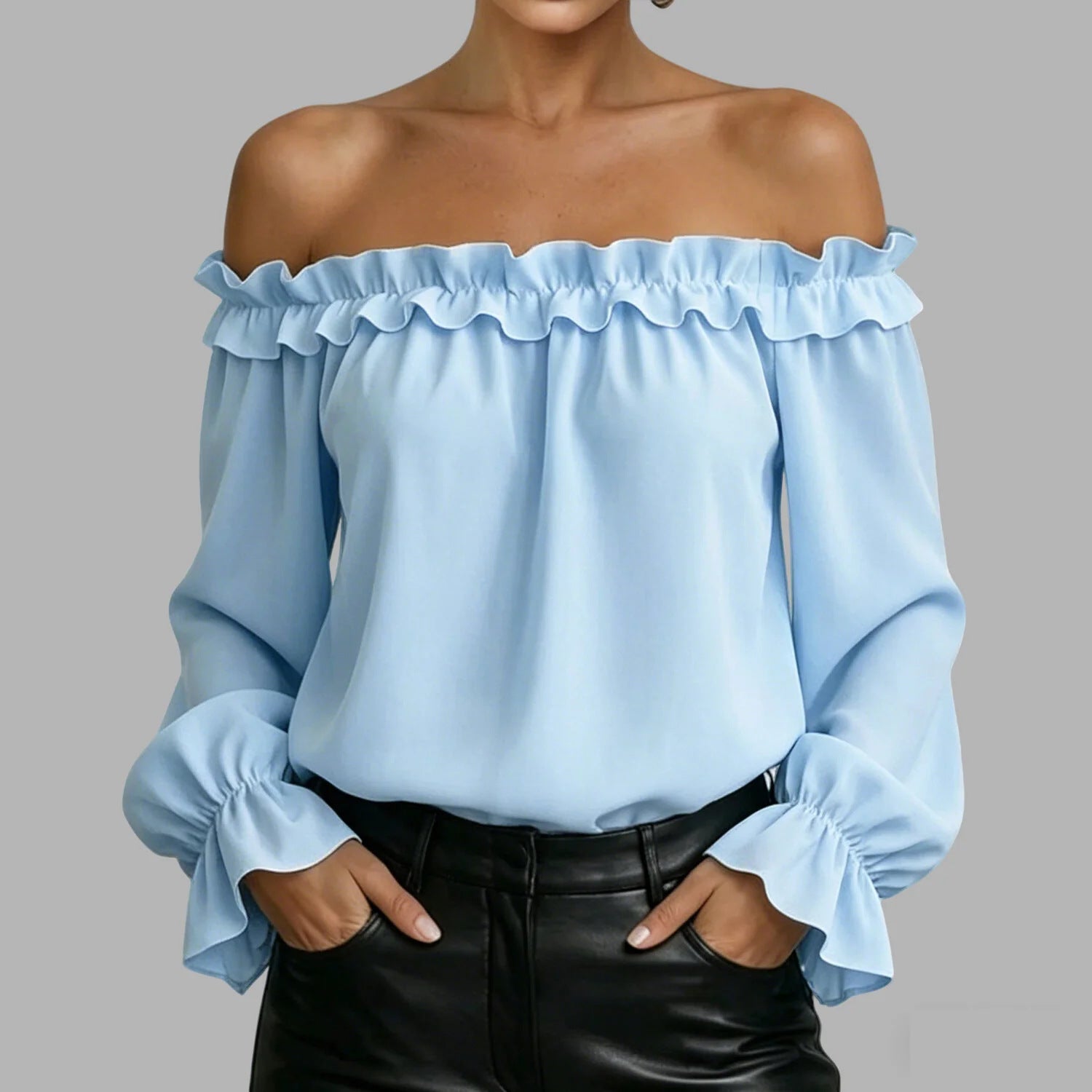 Ruffled off-the-shoulder long-sleeved shirt for women