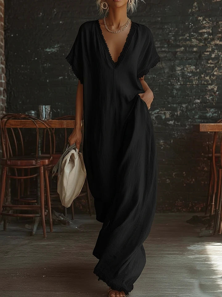 Casual Elegant Comfortable Lace-trimmed Loose Linen Cott Long Dress