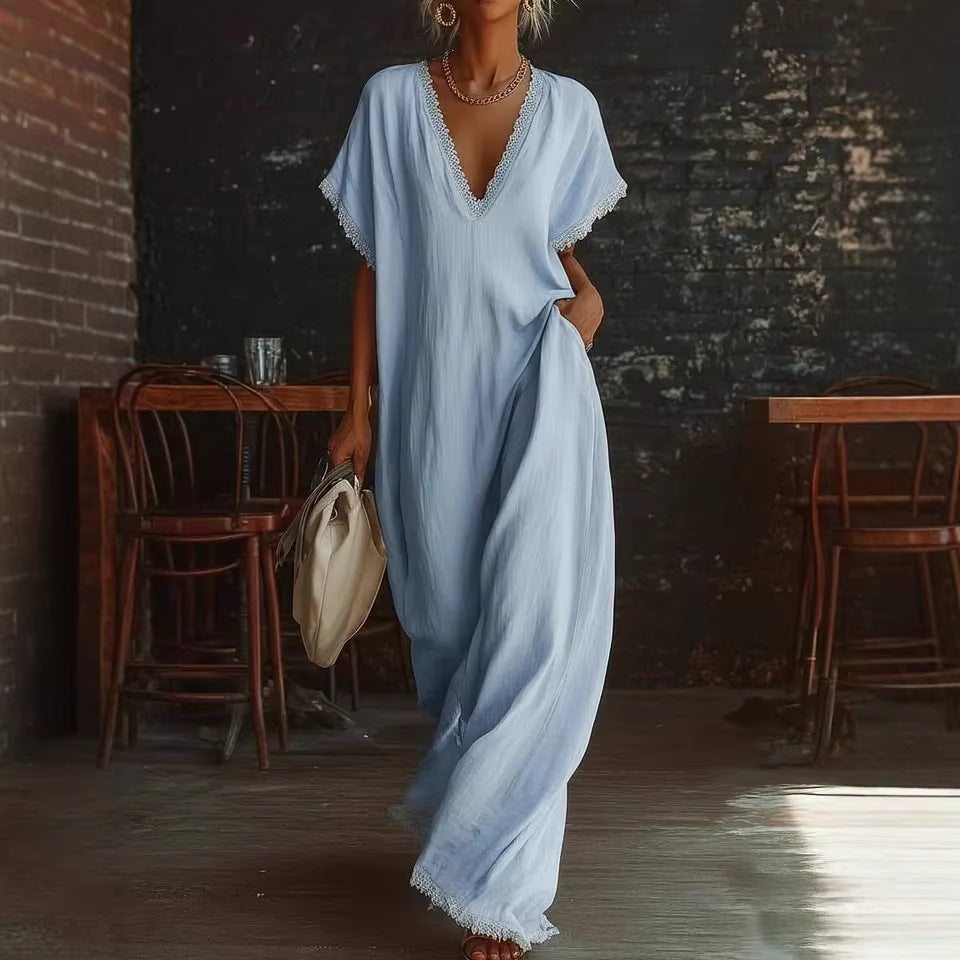 Casual Elegant Comfortable Lace-trimmed Loose Linen Cott Long Dress