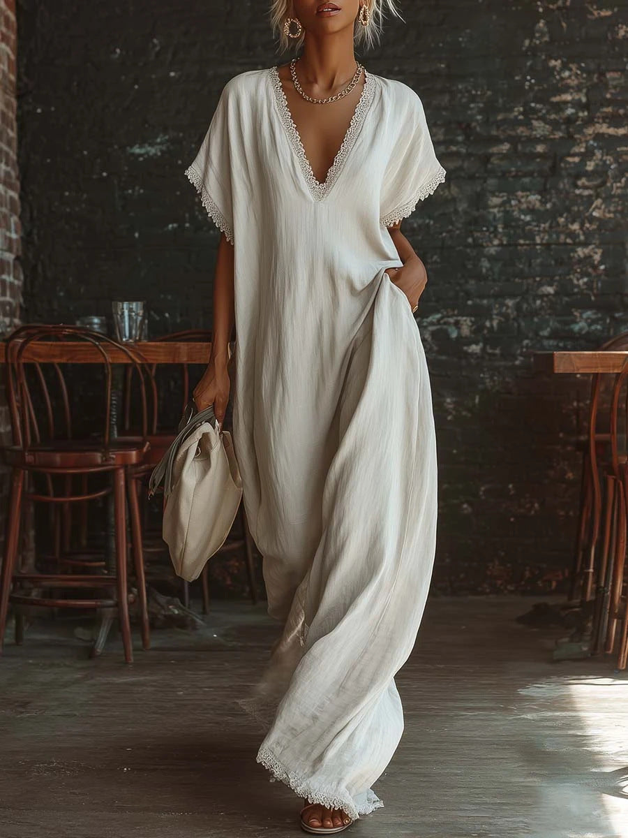 Casual Elegant Comfortable Lace-trimmed Loose Linen Cott Long Dress