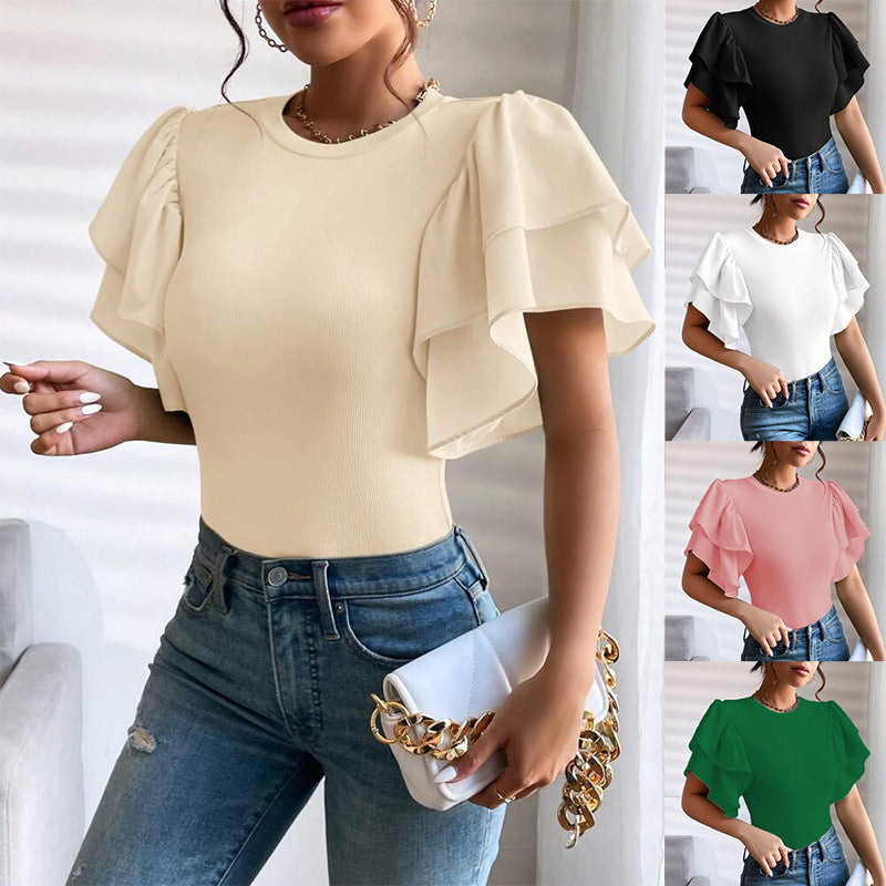 Women's Crew-Neck Top With Ruffle Sleeves