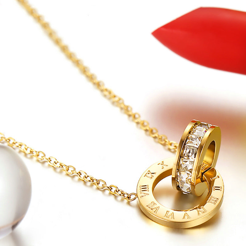 Stainless Steel Double-Ring Diamond-Encrusted Necklace For Women
