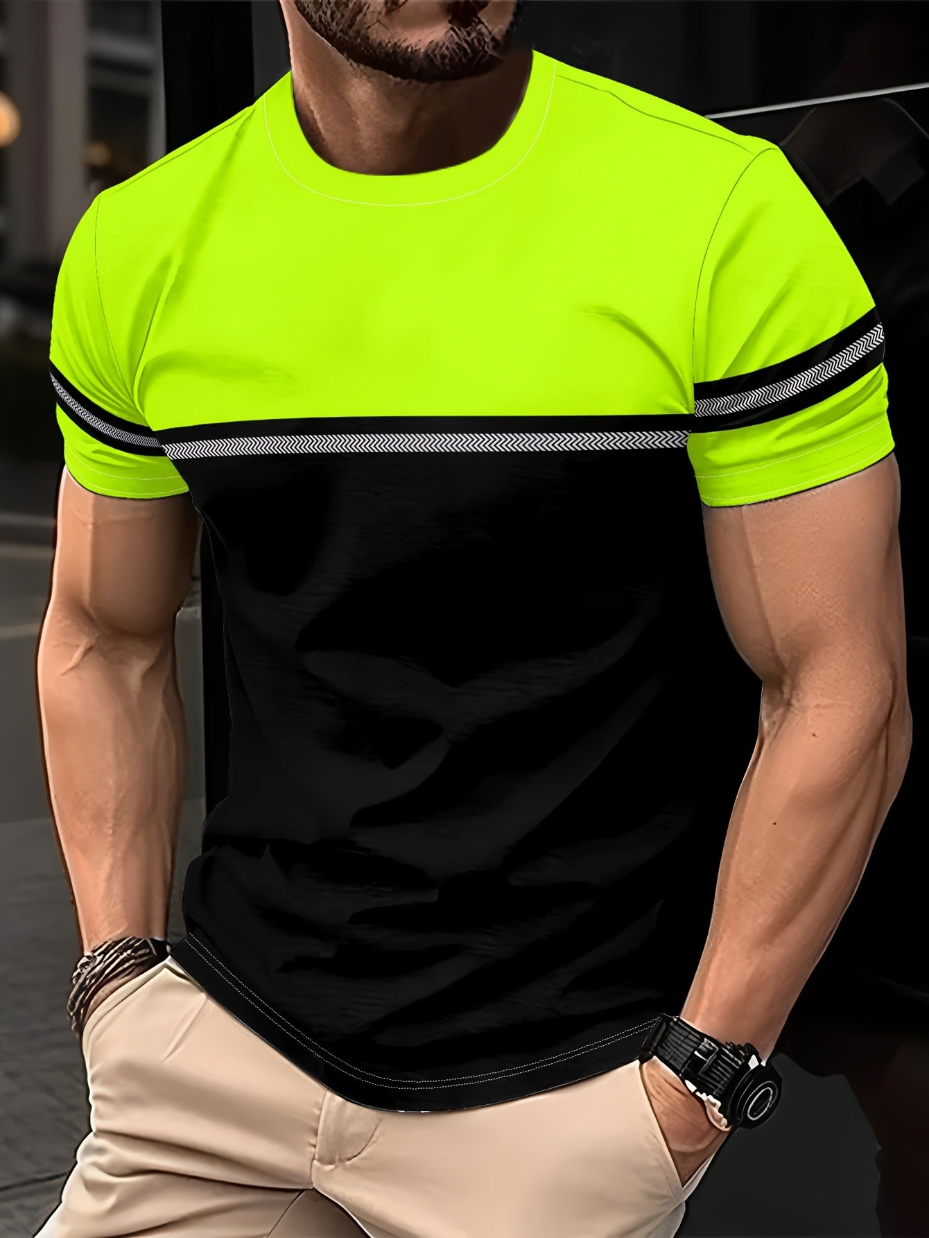Men's Striped Color-Block Crewneck Short-Sleeve T-Shirt