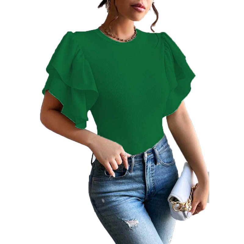 Women's Crew-Neck Top With Ruffle Sleeves