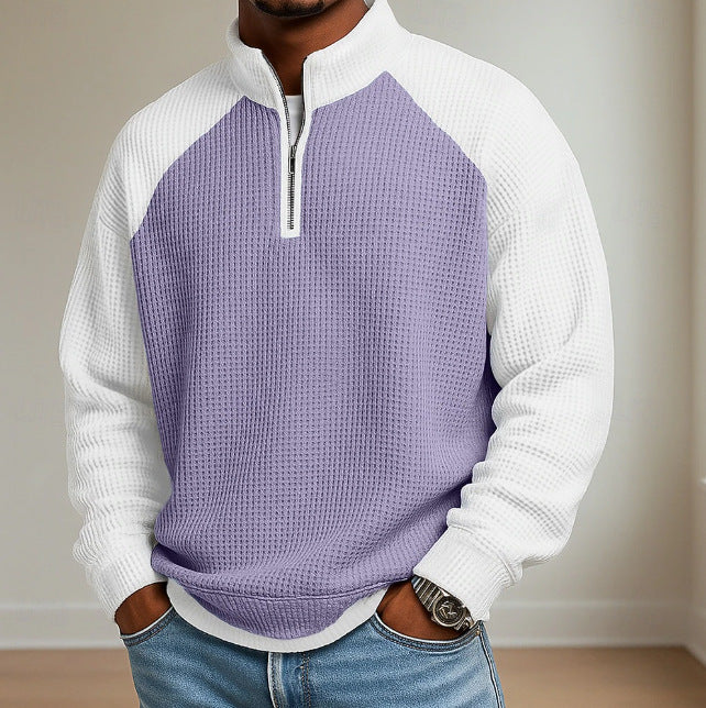 Mens Fashion Color-Block Plus-Size Long-Sleeve Polo Shirt
