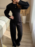 Fashionable Long-sleeved O-neck Pleated Top And Wide-leg Pants Set