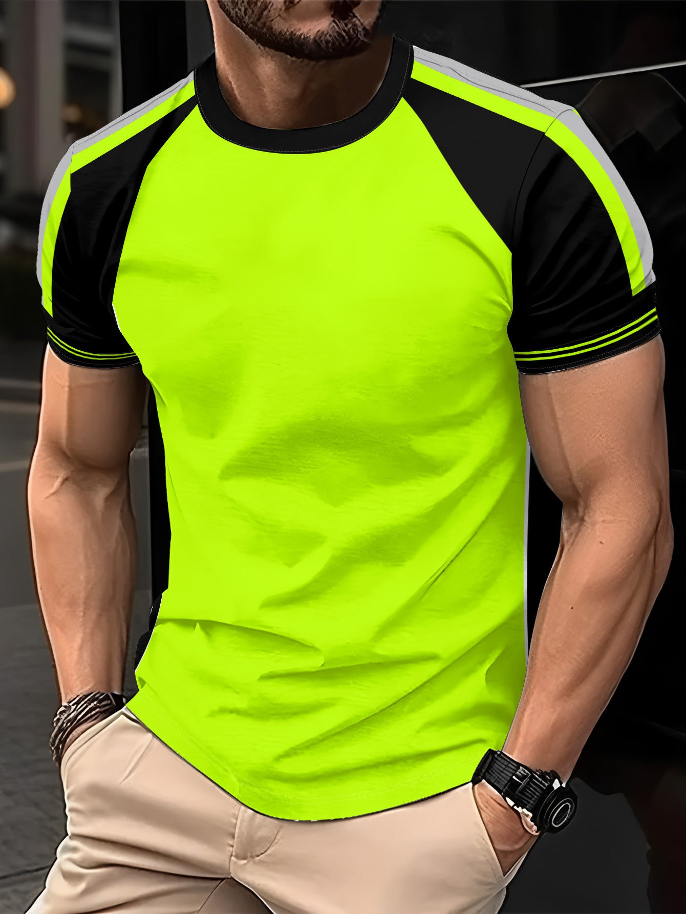 Men's Striped Color-Block Crewneck Short-Sleeve T-Shirt