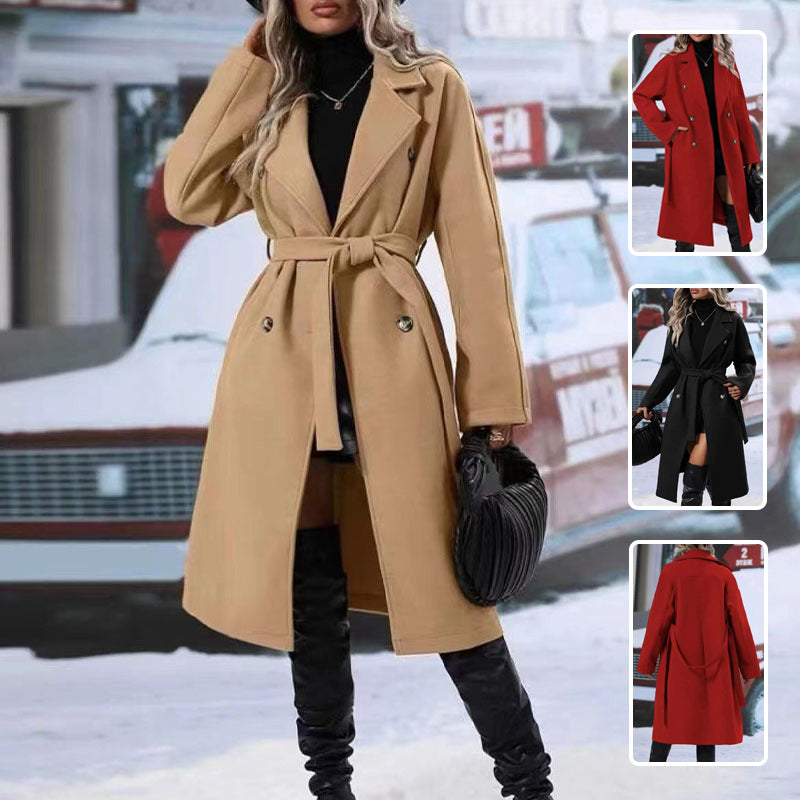Lapel double-breasted trench coat with belt