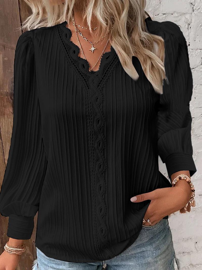 Long Sleeve V-neck Lace Patchwork Shirt