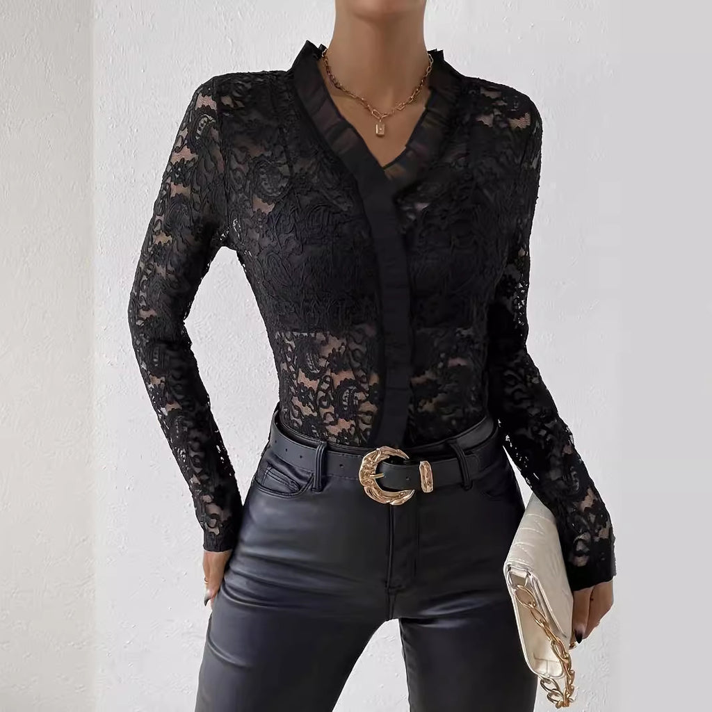 Elegant Ruffled Single Layer Paisley Lace T-shirt