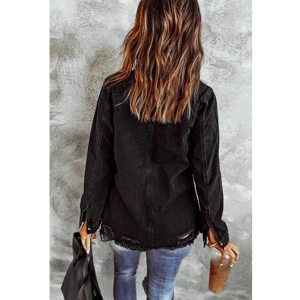 Black Ripped Shirt Denim Long Sleeve Coat Jacket