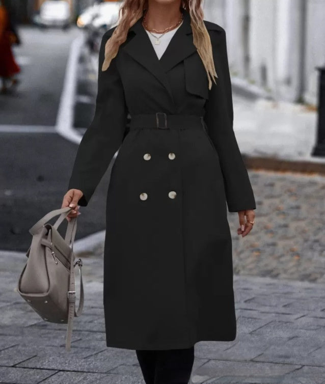 Lapel double-breasted trench coat with belt