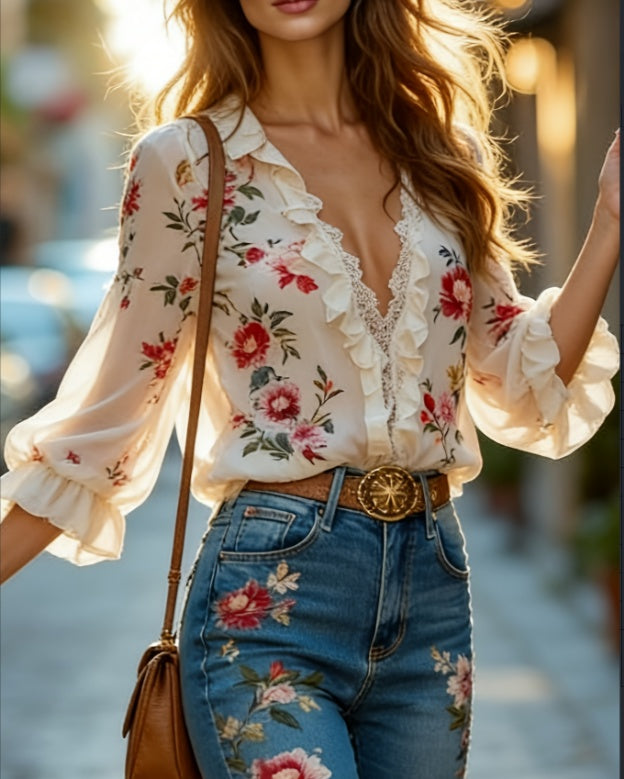 Floral V-neck Ruffled Puff Sleeve