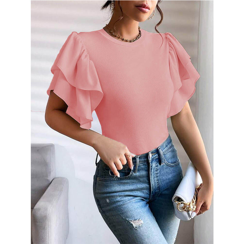 Women's Crew-Neck Top With Ruffle Sleeves