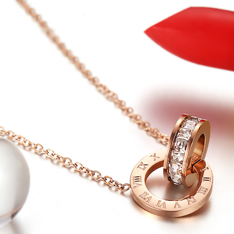 Stainless Steel Double-Ring Diamond-Encrusted Necklace For Women